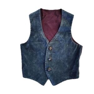 Vtg Toddler Boys Suede Vest Sz 2T? Blue Leather Buttons Purple Lining